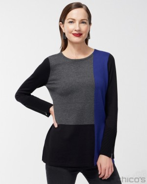 Chico's Colorblock Zipper Detail Sweater Tunic Sweaters Cobalt Night | 697-AWNVMB