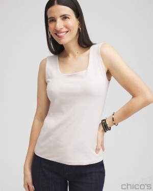 Chico's Contour Cotton Square Neck Tank Tees & Tanks Smokey Taupe | 401-OQWRFC