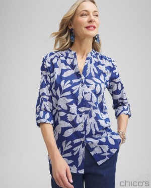 Chico's Cotton Leaf Print Shirt Blouses & Shirts Evening Eclipse | 604-PJECQG