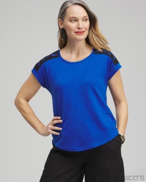 Chico's Crochet Shoulder Top Tees & Tanks Intense Azure | 905-ARVPFH