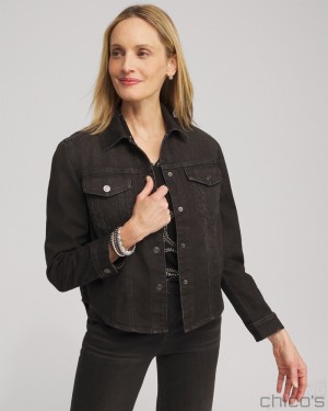 Chico's Cropped Shirttail Denim Jacket Jackets & Coats Black Oak Wash | 049-VFYPWB