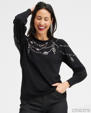 Chico's Crystal Chandelier Pullover Sweater Sweaters Black | 298-OZWLHQ