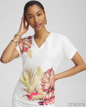 Chico's Dolman Foil Leaf Print Tee Tees & Tanks Alabaster | 497-BWSQYO