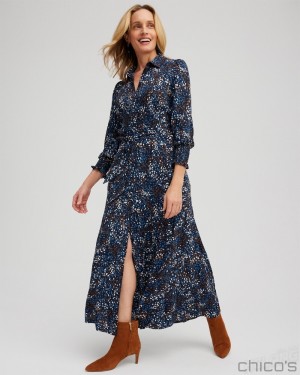 Chico's Dot Print Shirt Dress Dresses Classic Navy | 143-HZWLMK