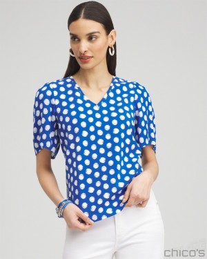 Chico's Dots Gauze Flutter Sleeve Top Tees & Tanks Intense Azure | 187-MUYPSR