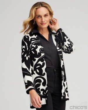 Chico's Double Knit Scroll Print Cardigan Sweaters Black | 304-GCMBTV