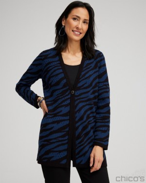 Chico's Double Knit Zebra Print Cardigan Sweaters Azores Blue | 402-YOHPCE