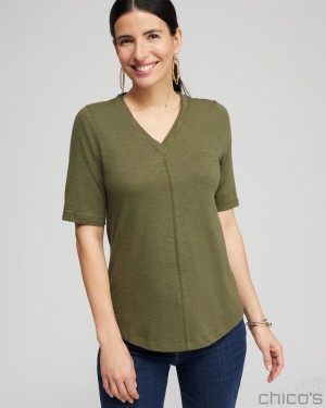 Chico's Elbow Sleeve A-line Tee Tees & Tanks Olive | 360-MDKJBC