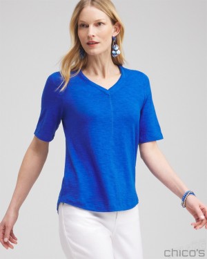 Chico's Elbow Sleeve A-line Tee Tees & Tanks Intense Azure | 368-WBNOGY