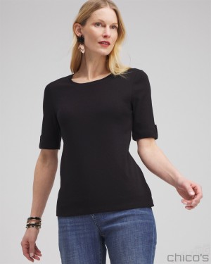 Chico's Elbow Sleeve Cotton Tee Tees & Tanks Black | 842-XFIQBD