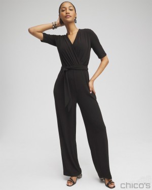 Chico's Elbow Sleeve Jumpsuit Dresses Black | 961-VUCFMJ