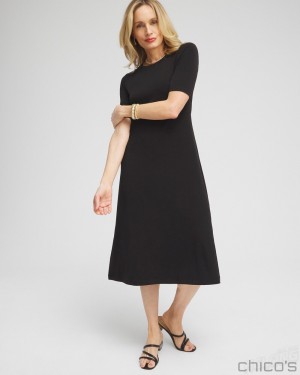 Chico's Elbow Sleeve Midi Dress Dresses Black | 827-FRIMOG