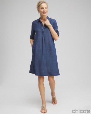 Chico's Elbow Sleeve Popover Shirt Dress Dresses Marina Bay Indigo | 571-MOCFYA