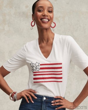 Chico's Embellished Flag Tee Tees & Tanks Alabaster | 948-EPJKHF