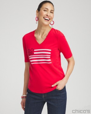 Chico's Embellished Flag Tee Tees & Tanks MADEIRA RED | 610-ISVFMH