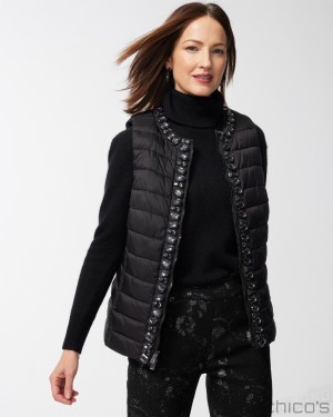 Chico's Embellished Puffer Vest Jackets & Coats Black | 650-WPLIQF