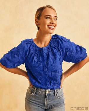 Chico's Embellished Top Tops Blue Grotto | 756-PMRWJG