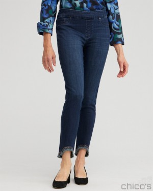 Chico's Embellished Tulip Hem Pull-on Jeggings Jeans & Denim Rainier Rinse Indigo | 086-AYIGOM