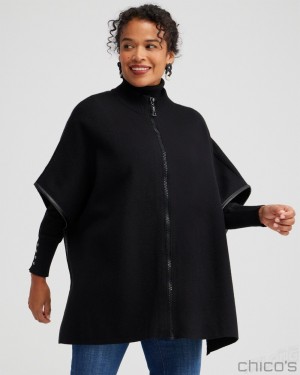 Chico's Embellished Zipper Sweater Ruana Ponchos & Ruanas Black | 527-KWAXCB