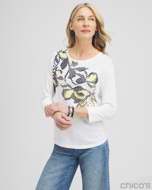 Chico's Embroidered 3/4 Sleeve Tee Tees & Tanks Alabaster | 043-PWCMBU