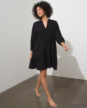 Chico's Embroidered Eyelet Coverup Dresses Black | 234-GIQOPE