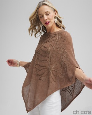 Chico's Embroidered Knit Triangle Poncho Ponchos & Ruanas Teakwood | 539-NOWSBQ