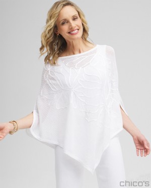 Chico's Embroidered Knit Triangle Poncho Ponchos & Ruanas Alabaster | 574-ODESFX