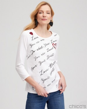 Chico's Embroidered Love Note Tee Tees & Tanks Alabaster | 957-FVCUND