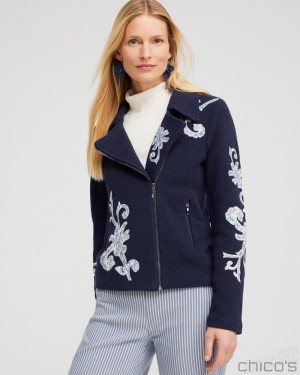 Chico's Embroidered Moto Jacket Sweaters Classic Navy | 748-OTPFCW