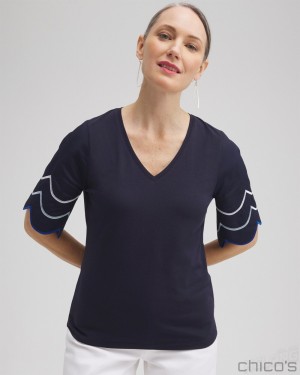 Chico's Embroidered Scallop Sleeve Top Tees & Tanks Classic Navy | 875-OYTWAH