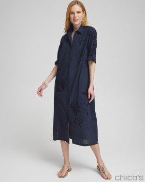 Chico's Embroidered Shirt Dress Dresses Classic Navy | 637-ZRQOEV