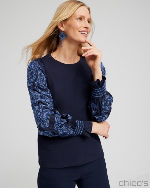 Chico's Embroidered Sleeve Top Tees & Tanks Classic Navy | 640-XMSUOL