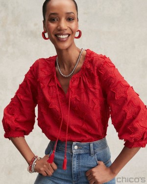 Chico's Embroidered Stars Peasant Top Blouses & Shirts MADEIRA RED | 974-VMUKNZ