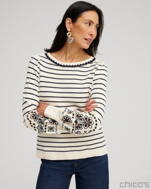 Chico's Embroidered Stripe Pullover Sweater Sweaters English Cream | 653-CPFLBZ