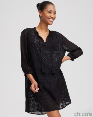 Chico's Embroidered Swim Dress Coverup Swim Black | 329-GBVFTP