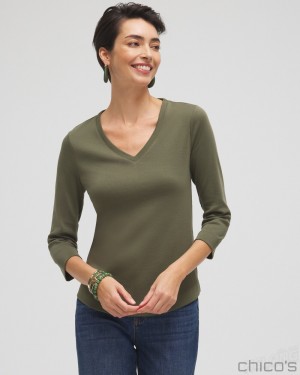 Chico's Everyday 3/4 Sleeve Tee Tees & Tanks Olive | 145-LJGQZB