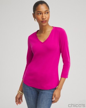 Chico's Everyday 3/4 Sleeve Tee Tees & Tanks Magenta Rose | 285-OVKYJS