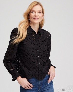 Chico's Eyelet Scallop Hem Blouse Blouses & Shirts Black | 964-OZPEKJ