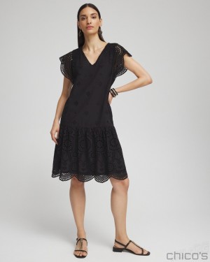 Chico's Eyelet Scallop Hem Dress Dresses Black | 374-QCAZSI