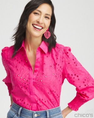 Chico's Eyelet Shirt Blouses & Shirts PINK BROMELIAD | 251-DOYIPF