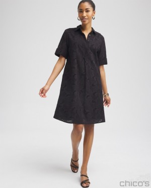 Chico's Eyelet Shirt Dress Dresses Black | 736-JDGUST