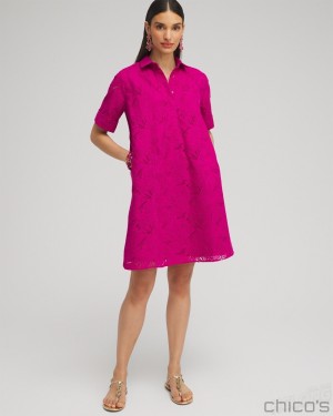 Chico's Eyelet Shirt Dress Dresses Magenta Rose | 761-ONWSUA