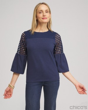 Chico's Faux Denim Lace Mix Top Tees & Tanks Dark Denim | 498-EDLOBN