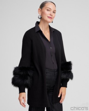 Chico's Faux Fur Trim Cardigan Sweaters Black | 639-RCMYSP