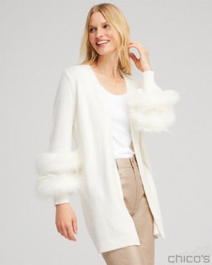 Chico's Faux Fur Trim Cardigan Tops Ecru | 349-XNRTOV