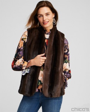 Chico's Faux Fur Vest Jackets & Coats Brown | 752-ASKELM