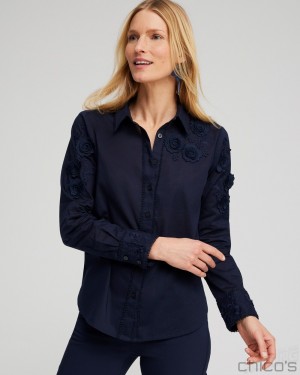 Chico's Floral Applique Blouse Blouses & Shirts Classic Navy | 459-IWFDSV