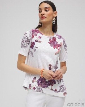 Chico's Floral Asymmetrical Elbow Sleeve Tee Tees & Tanks Alabaster | 615-YIGMFT