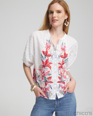 Chico's Floral Dolman Sleeve Cotton Shirt Blouses & Shirts MADEIRA RED | 934-JYIMOF