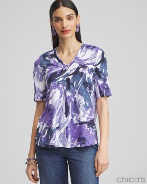 Chico's Floral Elbow Sleeve A-line Tee Tees & Tanks Parisian Purple | 152-PLOUQN